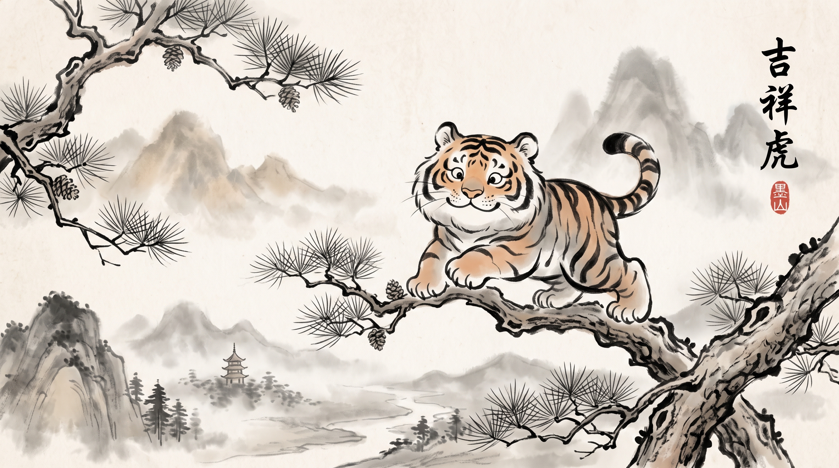 Pintura sumi-e de um tigre em uma árvore, representando calma e estratégia financeira